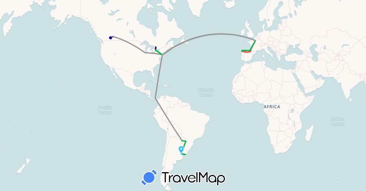 TravelMap itinerary: driving, bus, plane, train, hiking, boat in Argentina, Canada, Spain, France, Panama, Paraguay, United States, Uruguay (Europe, North America, South America)